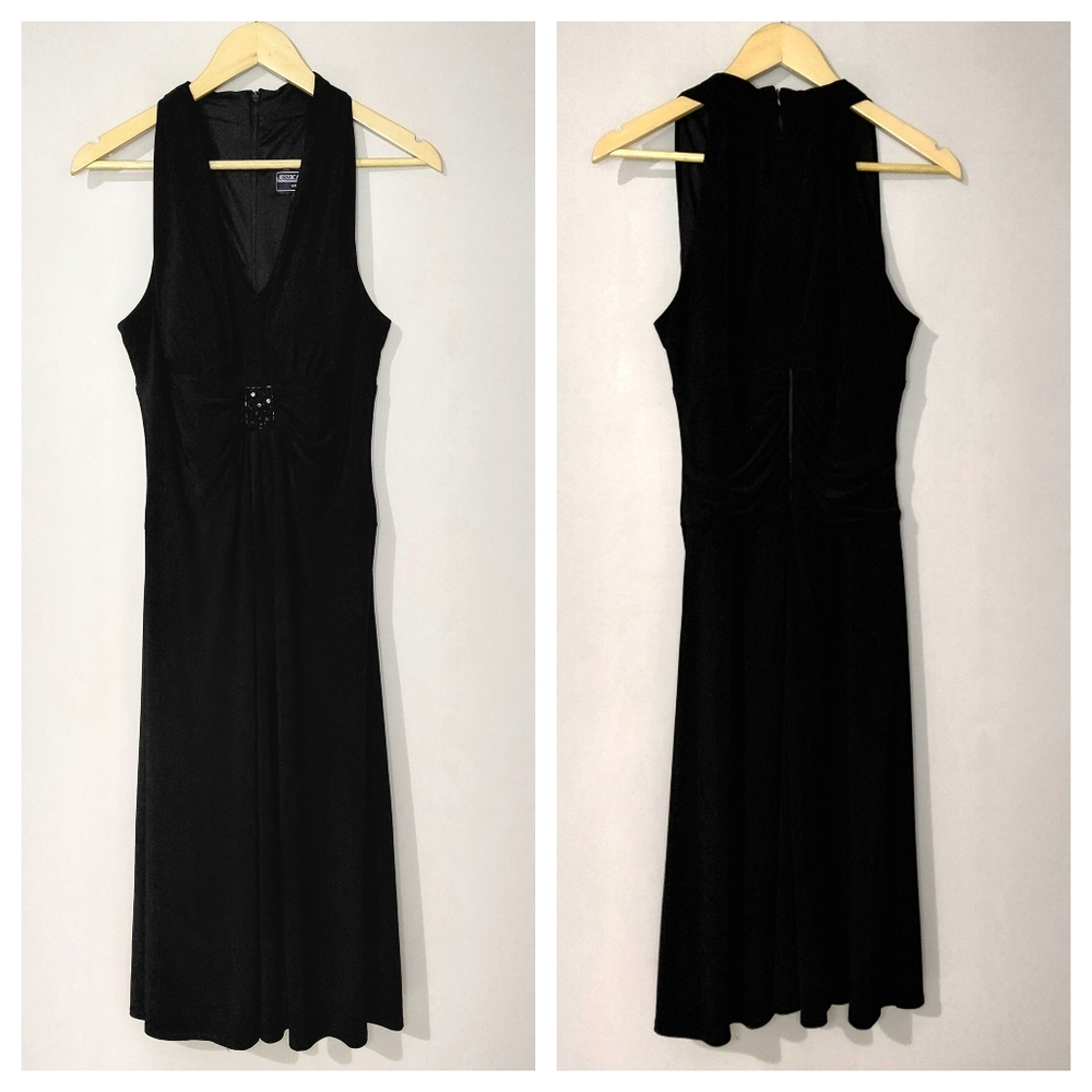 Jessica Howard Size 8 Medium Black Sleeveless Beaded Waist Ruched Midi Dress